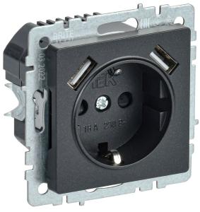 Розетка 1-м 16А С/У З/К со шторками+USB A+А 3.1А Черный Brite
