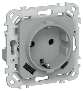 Розетка 1-м 16А С/У З/К со шторками+USB A+С 20Вт Б/К Серый FLITE
