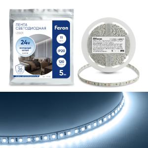 Лента светодиодная 24V 11Вт/м IP20 120SMD/2835 6000К 5м. LS501 Feron