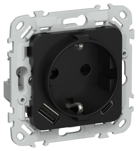 Розетка 1-м 16А С/У З/К со шторками+USB A+С 20Вт Черный FLITE